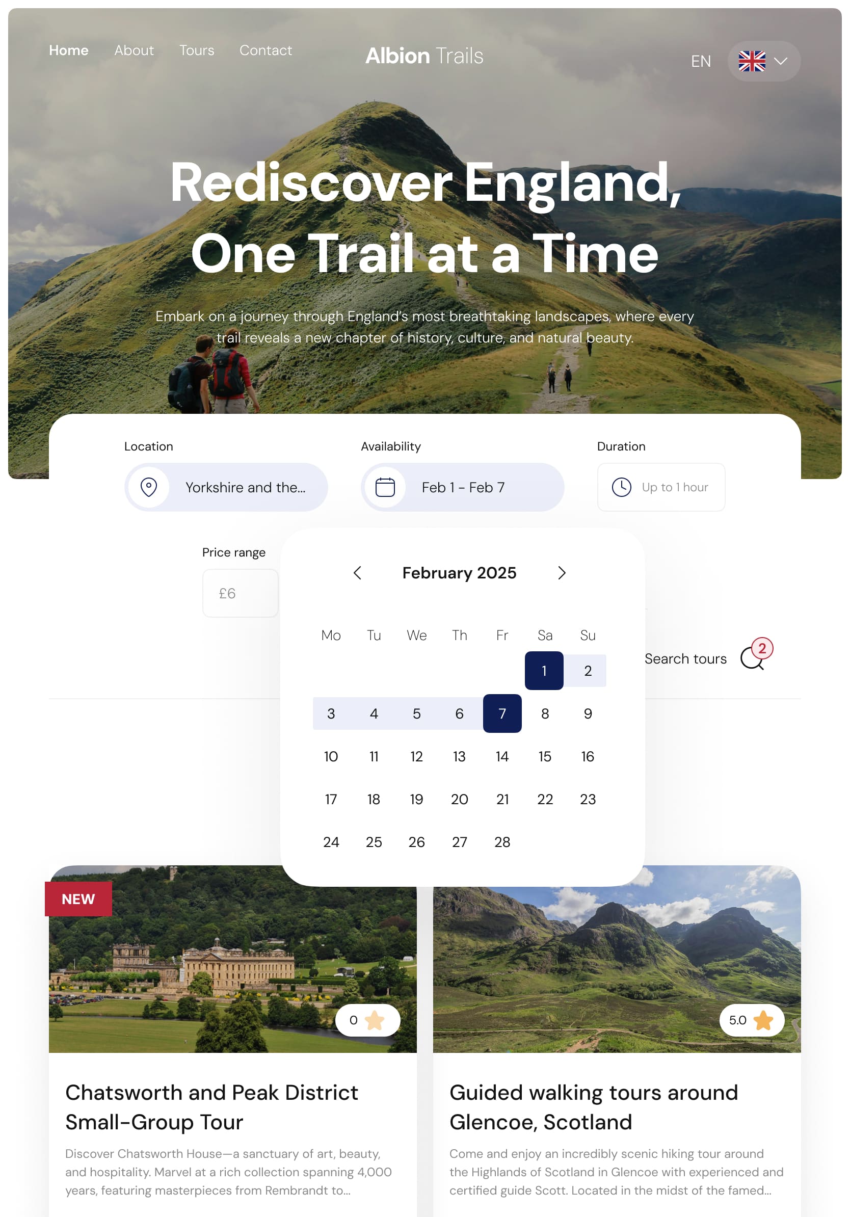 Website interface displaying a tour service platform inside a tablet breakpoint. Features an expanded filtering option by a category of tour dates available.